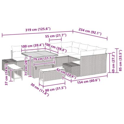 Градински Софа Комплект с възглавница 12 pcs Черно полиратан