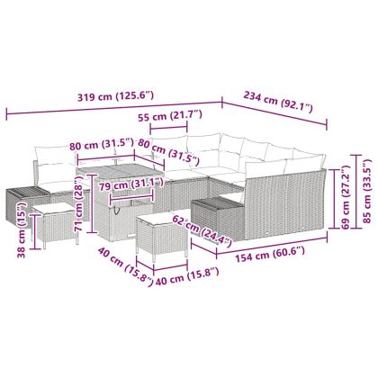 Градински Софа Комплект с възглавница 12 pcs Черно полиратан