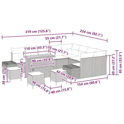 Градински Софа Комплект с възглавница 13 pcs Сив полиратан