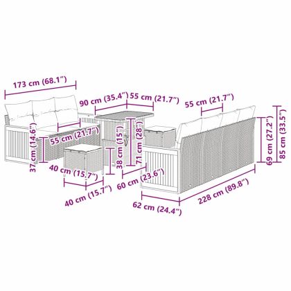 Градински Софа Комплект с възглавница 10 pcs Сив