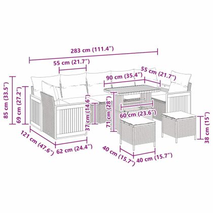 Градински Софа Комплект с възглавница 10 pcs Черен и кремав
