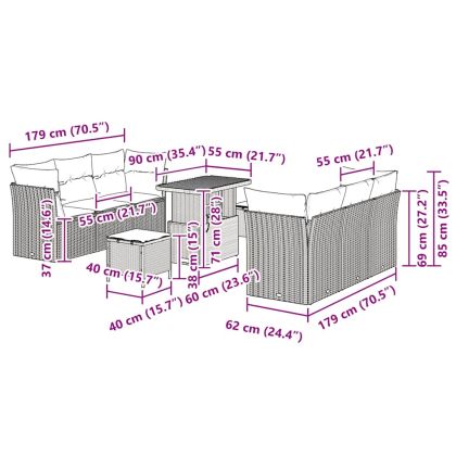 Градински Софа Комплект с възглавница 9 pcs Сив полиратан