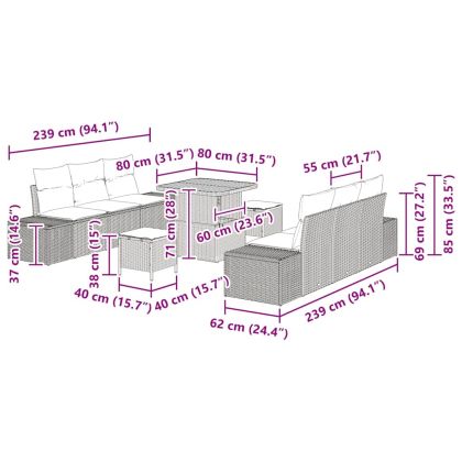 Градински Софа Комплект с възглавница 9 pcs Черно Полиратан