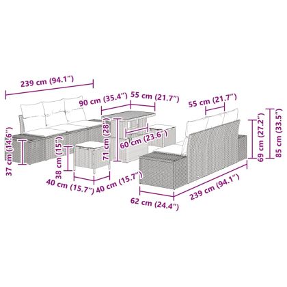 Градински Софа Комплект с възглавница 9 pcs Черно Полиратан