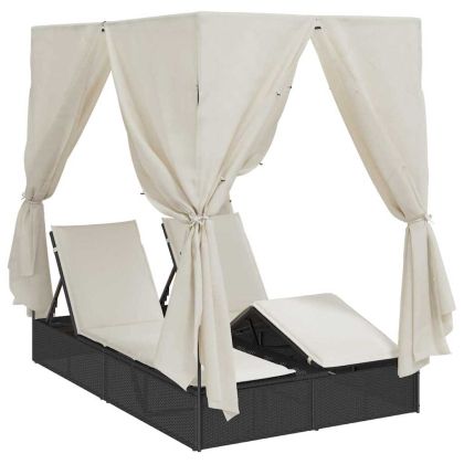 Двойно шезлонг С завеси Топло бяло 205 x 129 x 200 см полиратан