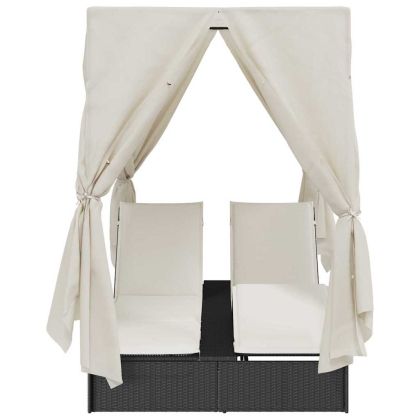 Двойно шезлонг С завеси Топло бяло 205 x 129 x 200 см полиратан