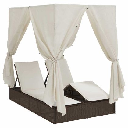 Двойно шезлонг С завеси Топло бяло 205 x 129 x 200 см полиратан