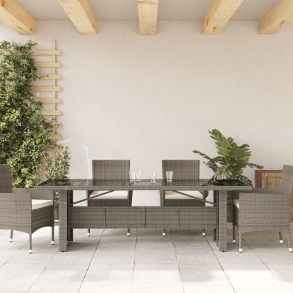 Градинска маса със стъклен плот сива 240x90x75 см полиратан