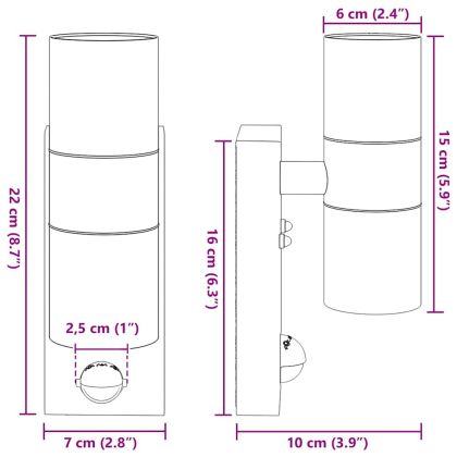 Външна стенна лампа 2 pcs Черно 7 x 10 x 22 см
