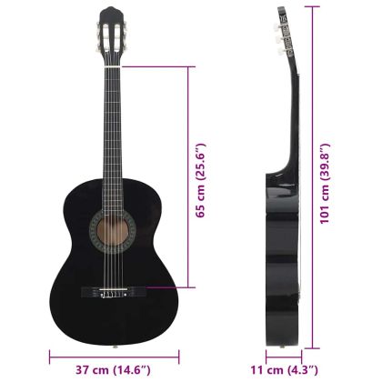 Класическа китара за начинаещи, черна, 4/4, 39", липово дърво