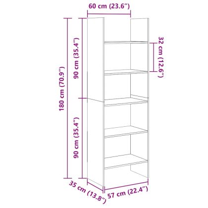 Библиотека, бетонно сива, 60x35x180 см, инженерно дърво