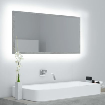 LED огледало за баня, бетонно сиво, 90x8,5x37 см, акрил