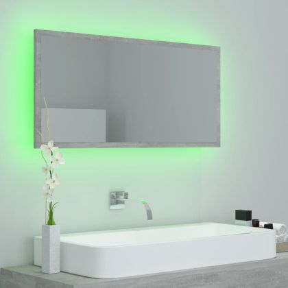 LED огледало за баня, бетонно сиво, 90x8,5x37 см, акрил