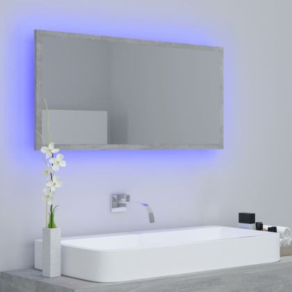 LED огледало за баня, бетонно сиво, 90x8,5x37 см, акрил