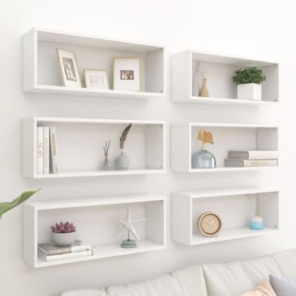 Стенни кубични рафтове, 6 бр, бели, 60x15x23см, инженерно дърво