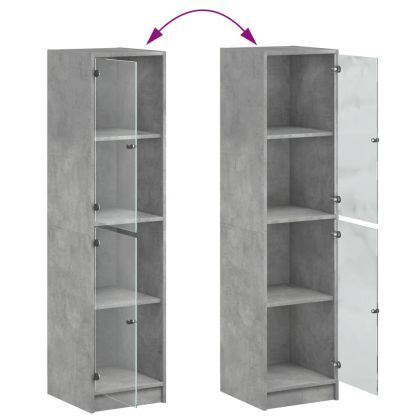 Висок шкаф със стъклени врати, бетонно сив, 35x37x142 см