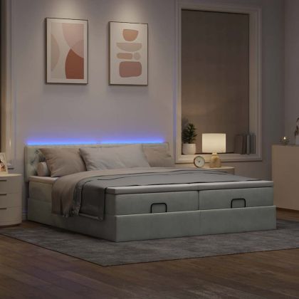 Османска легло с матраци и LED, светлосиво, 200x200 см, кадифе