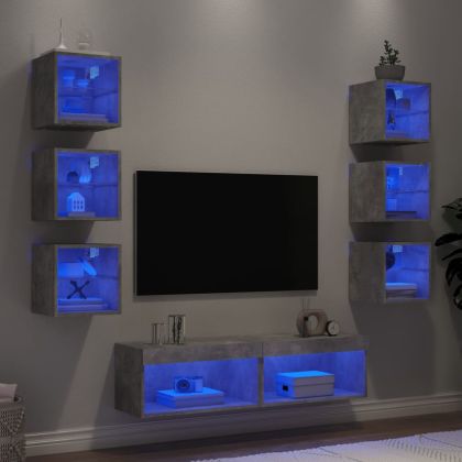ТВ стенни модули с LED, 8 части, бетонно сиви, инженерно дърво