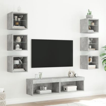 ТВ стенни модули с LED, 8 части, бетонно сиви, инженерно дърво