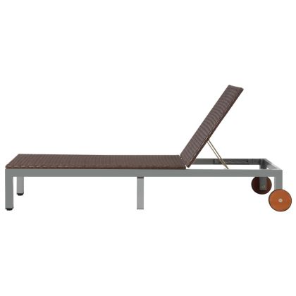 Шезлонг с колелца, полиратан, кафяв