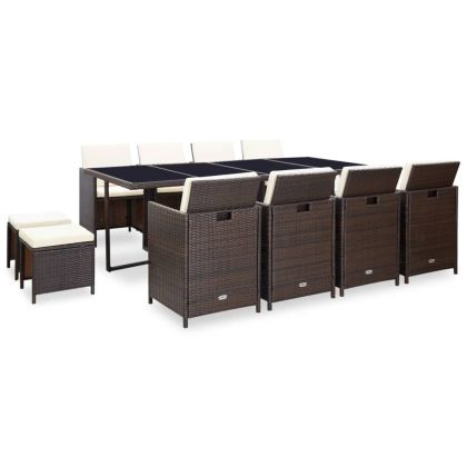 Градински комплект с възглавници, 13 части, кафяв полиратан