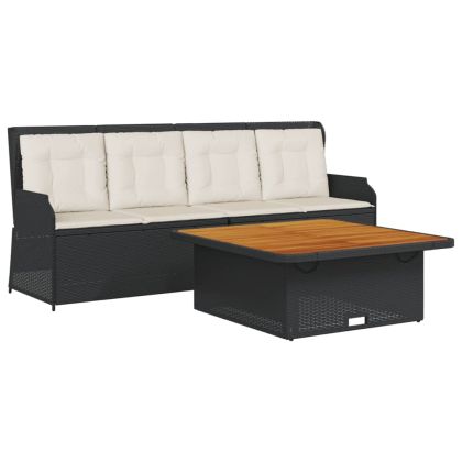 Градински комплект с възглавници, 3 части, черен полиратан