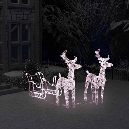 Коледна украса елени с шейна, 160 LED, 130 см, акрил