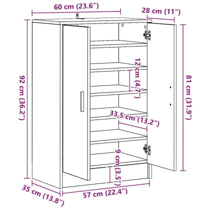 Шкаф за обувки, бял, 60x35x92 см, инженерно дърво