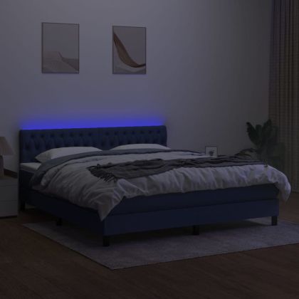 Боксспринг легло с матрак и LED, синьо, 180x200 см, плат