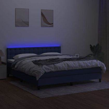 Боксспринг легло с матрак и LED, синьо, 180x200 см, плат
