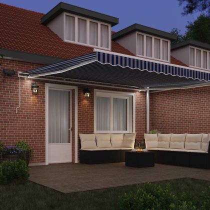 Сгъваем навес Синьо и бяло 500 × 300 cm Полиестер и алуминий