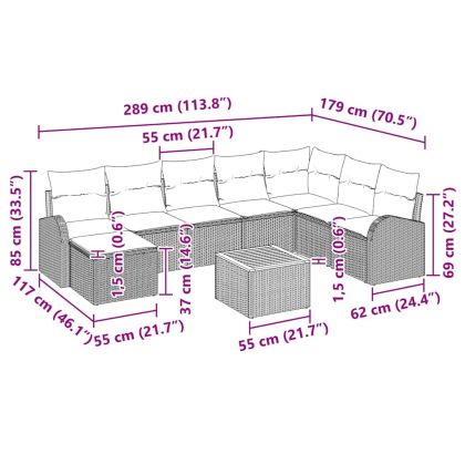Градински Софа Комплект с възглавница 9 pcs Сив полиратан