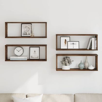 Стенни рафтове, 4 бр, опушен дъб, 60x15x23 см, инженерно дърво
