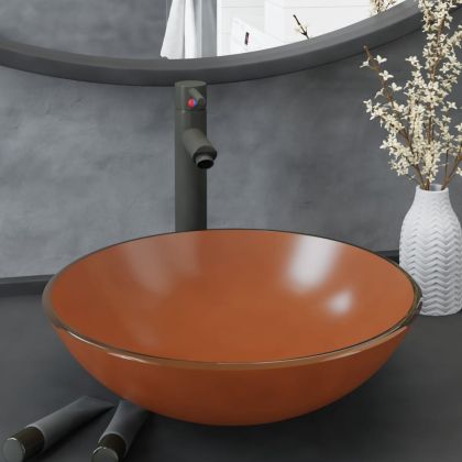 Мивка за баня с кран и сифон, кафяво закалено стъкло