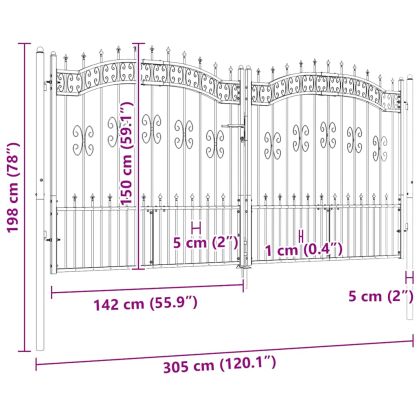 Оградна порта Kampen с връх, черна, 302x150 см, стомана