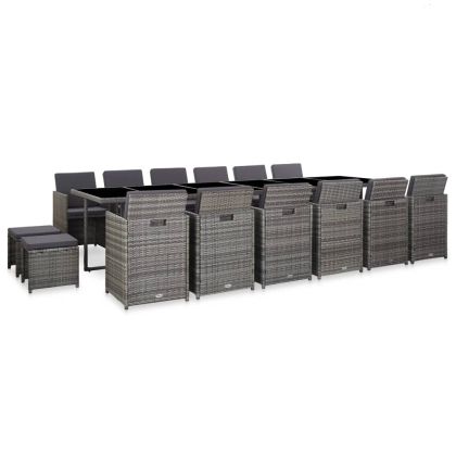 Градински комплект с възглавници, 17 части, полиратан, сив