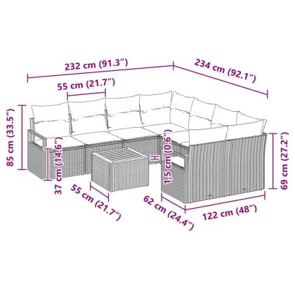 Градински Софа Комплект с възглавница 9 pcs Сив полиратан