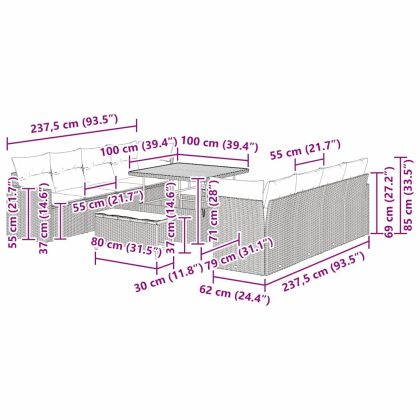 Градински Софа Комплект 11 pcs Сив полиратан