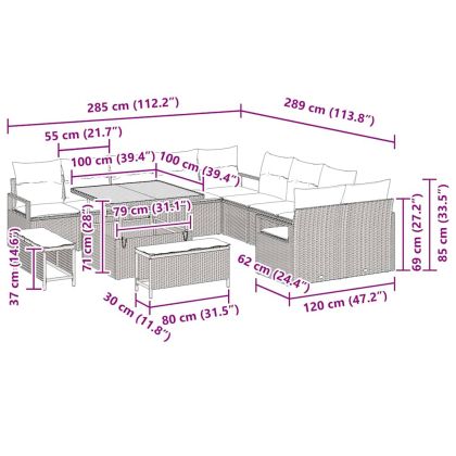 Градински Софа Комплект с възглавница 13 pcs Сив полиратан