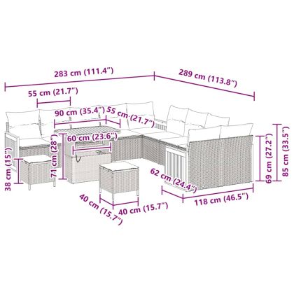 Градински Софа Комплект с възглавница 13 pcs Сив полиратан