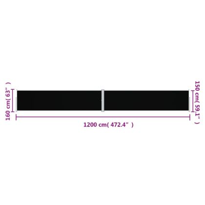 Прибираща се странична тента, черна, 160х1200 см