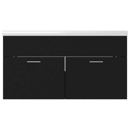 Шкаф за баня с вградена мивка, черен, инженерно дърво