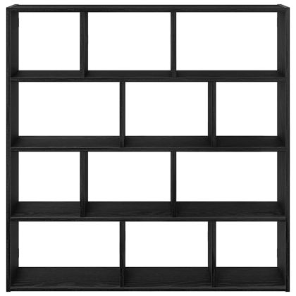 Стенен кубичен рафт, 12 отделения, черен, инженерно дърво