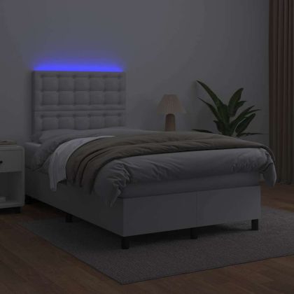 Боксспринг легло с матрак и LED бяло 120x190 см изкуствена кожа