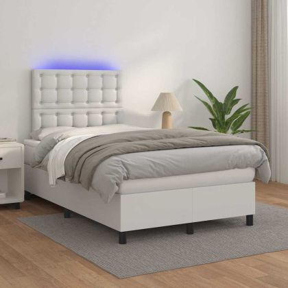 Боксспринг легло с матрак и LED бяло 120x190 см изкуствена кожа