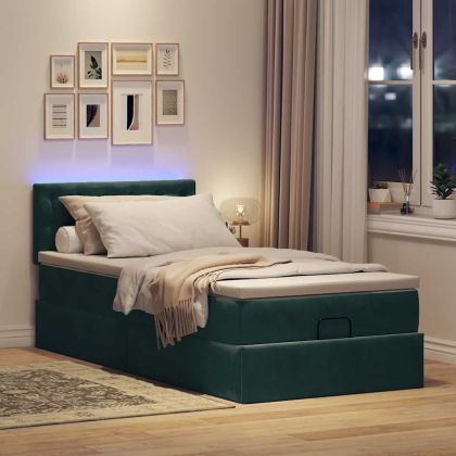Османска легло с матрак и LED, тъмнозелено, 90x190 см, кадифе