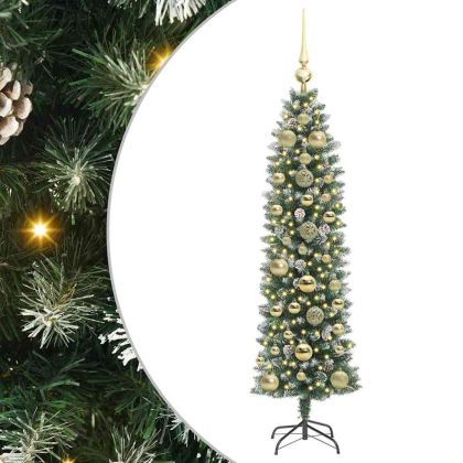 Изкуствено Тънко Коледно Дърво Зелен и бял 150 cm