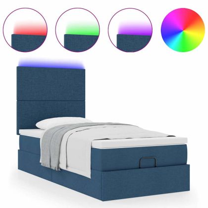 Османска легло с матрак и LED, синьо, 90x190 см, плат
