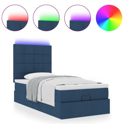 Османска легло с матрак и LED, синьо, 90x190 см, плат