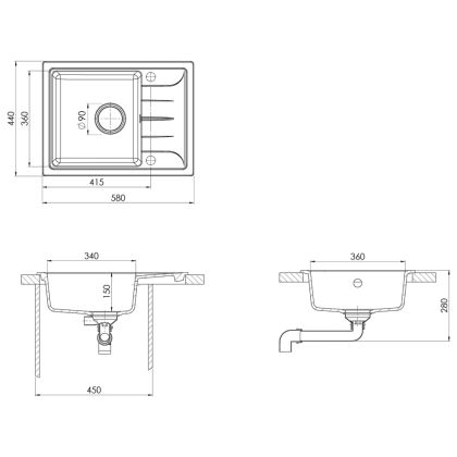 Кухненска мивка с преливник, овал, сива, гранит